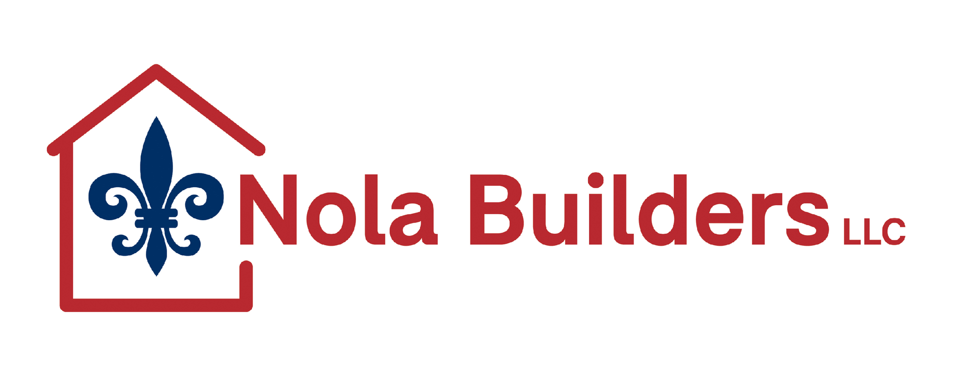 Nola Builders LLC logo with red house outline and blue fleur-de-lis icon
