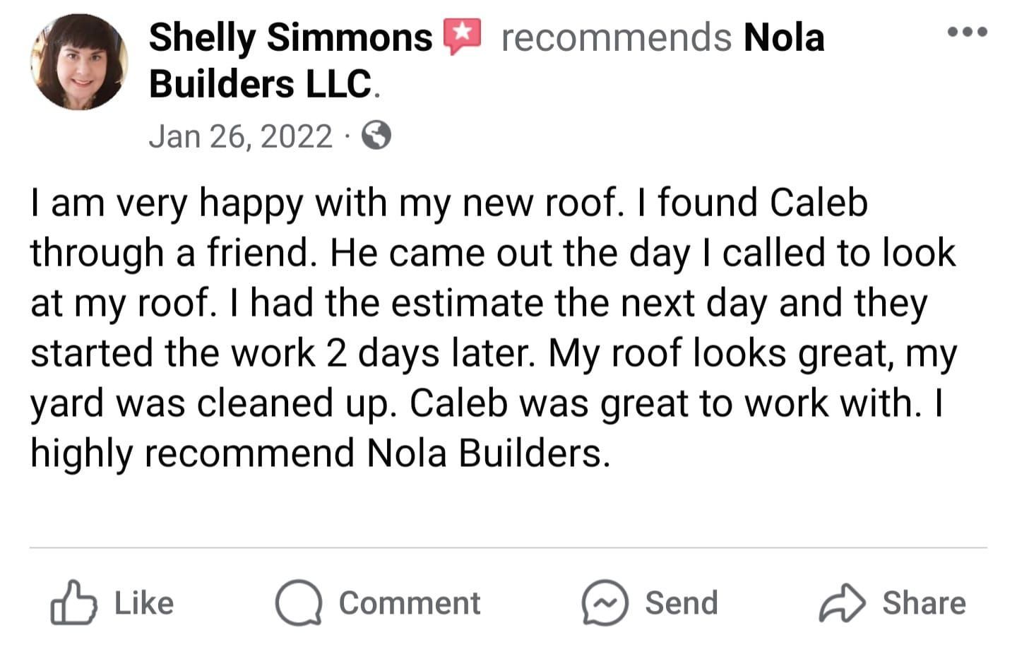 Facebook review post praising Nola Builders for a fast roof replacement and yard cleanup by Caleb