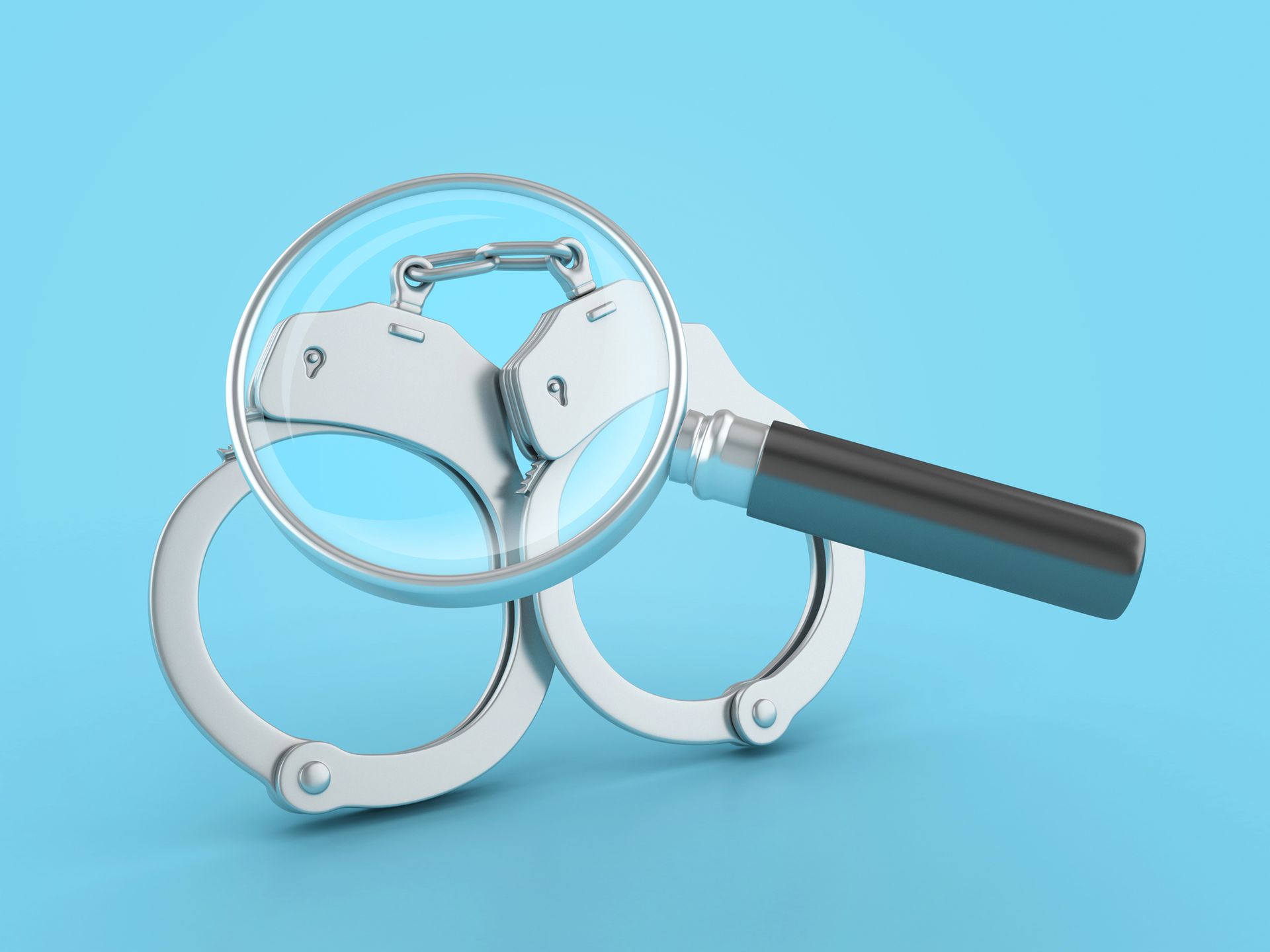 3D handcuffs with magnifying glass in light blue background, symbolizing inmate search.