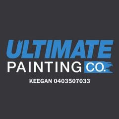 the logo for ultimate painting co. is blue and white on a black background .