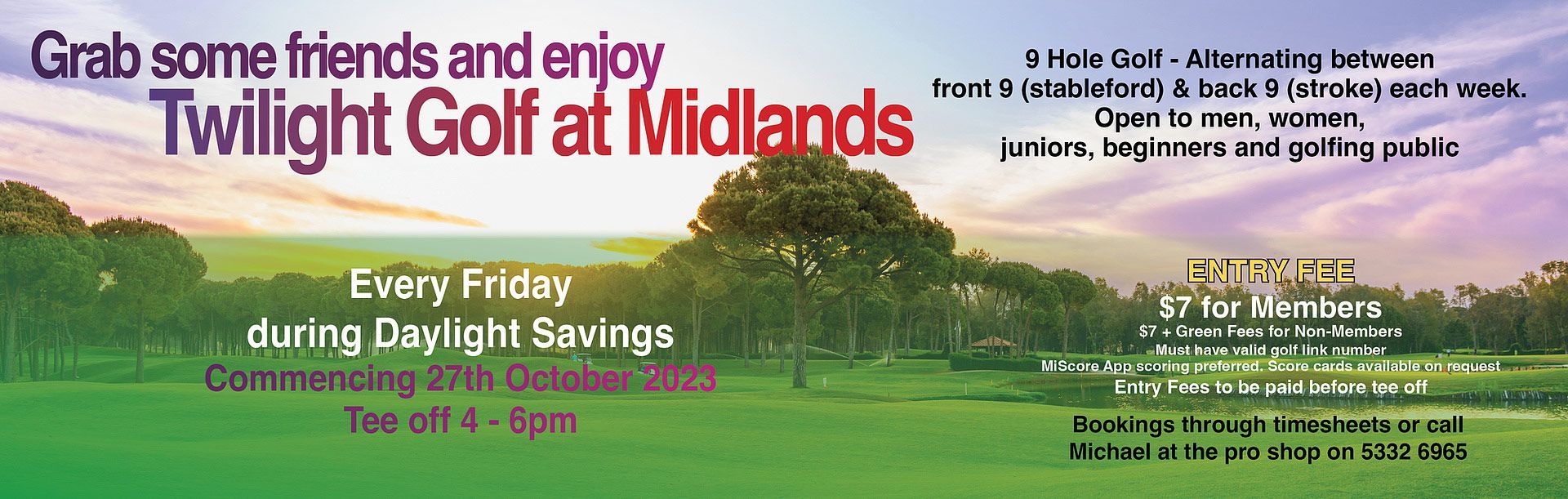 a poster advertising twilight golf at midlands every friday during daylight savings