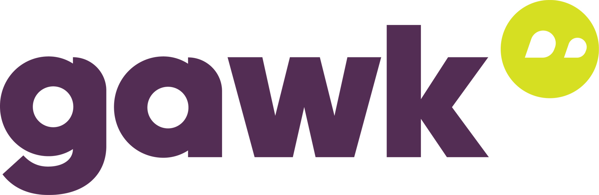 A purple and yellow logo for gawk with a yellow circle in the middle.