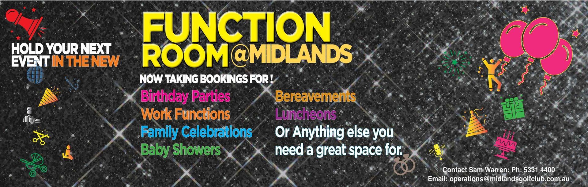 An advertisement for a function room in midlands