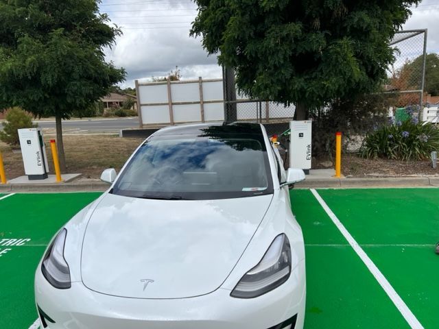 a white tesla model 3 is parked in a green parking lot