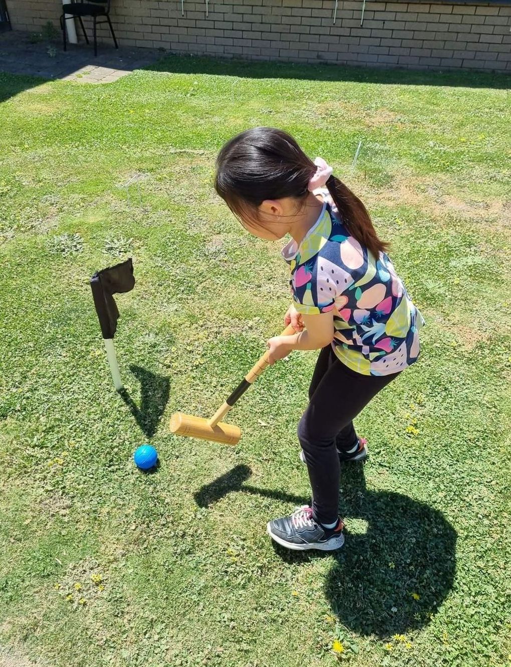 a young girl is playing a game of croquet in the grass