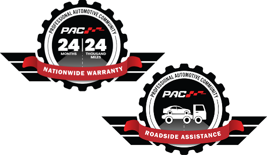 PAC 24/24 warranty and roadside assistance badges on white background | Pro Import Automotive Service and Repair