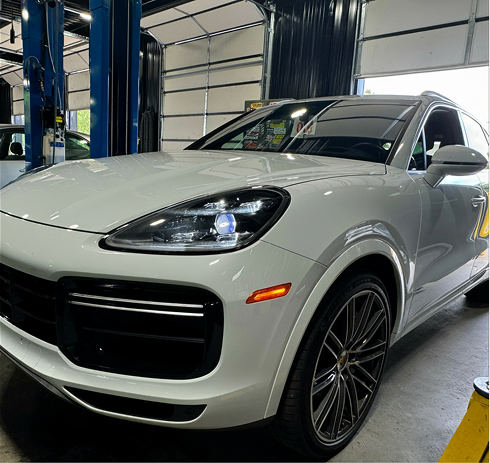 Two mechanics in a garage working under the open hoods of parked vehicles. | Pro Import Automotive Service and Repair