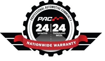 PAC 24/24 nationwide warranty badge with black gear seal and red ribbon | Pro Import Automotive Service and Repair