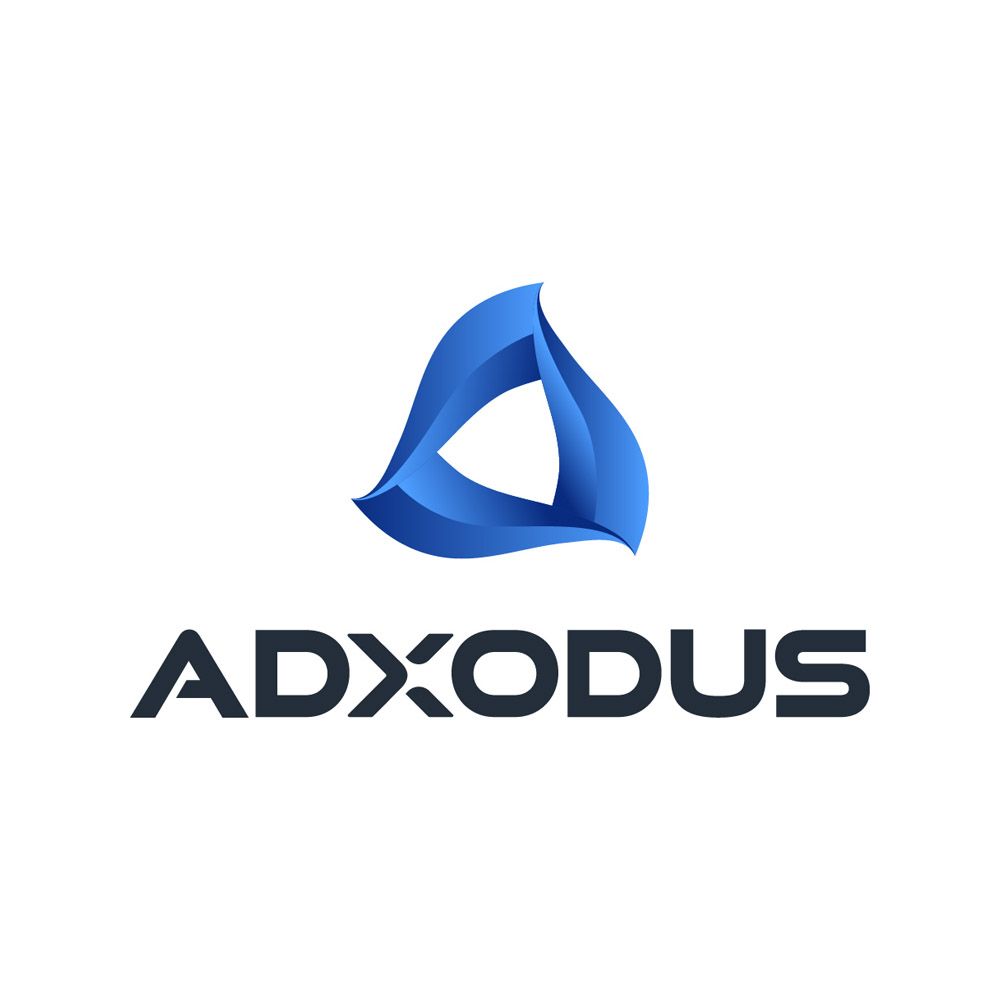 A logo for a company called adxodus with a blue triangle on a white background.