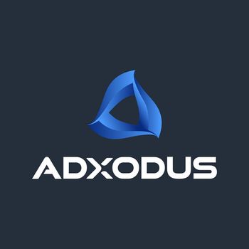 A logo for a company called adxodus with a blue triangle on a dark background.