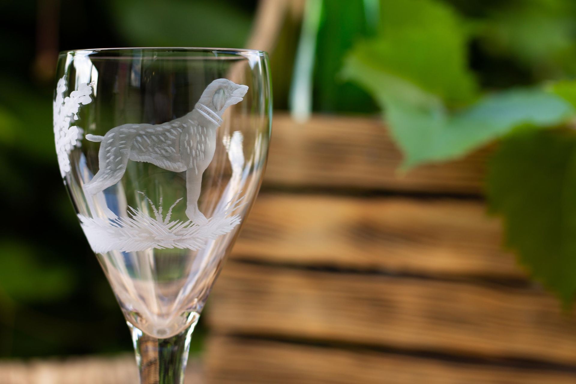 A Wine Glass With a Dog on It is Sitting on a Wooden Table — Jimani Trophies & Engraving In Dapto, NSW