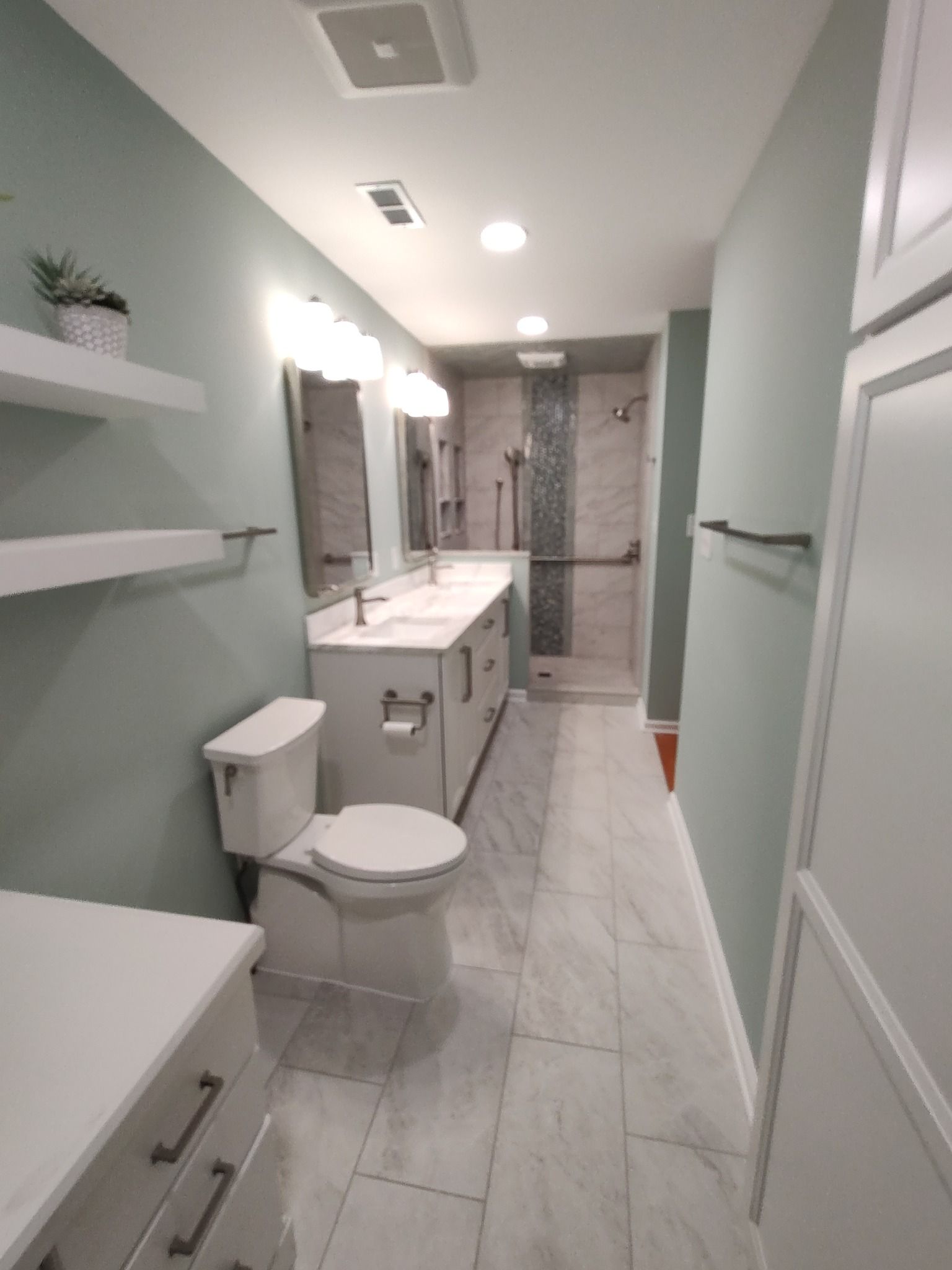 Modern bathroom with blue-green walls, double vanity, toilet, and tiled shower with handrails.