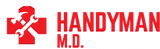 Red logo with a wrench and hammer crossing a cross shape, HANDYMAN M.D. in red text.