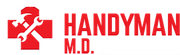 Red logo with a wrench and hammer crossing a cross shape, HANDYMAN M.D. in red text.