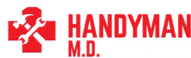 Red logo with a wrench and hammer crossing a cross shape, HANDYMAN M.D. in red text.