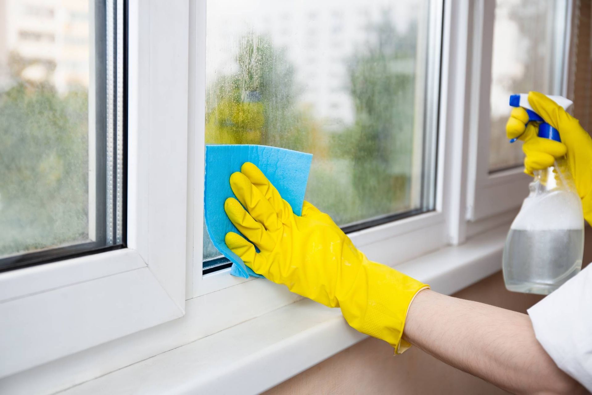 Person wearing yellow gloves spraying and wiping a window with a blue cloth.