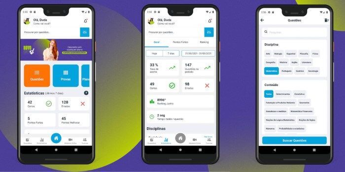 Capturas de tela do app Estuda.com disponíveis na Google Play.