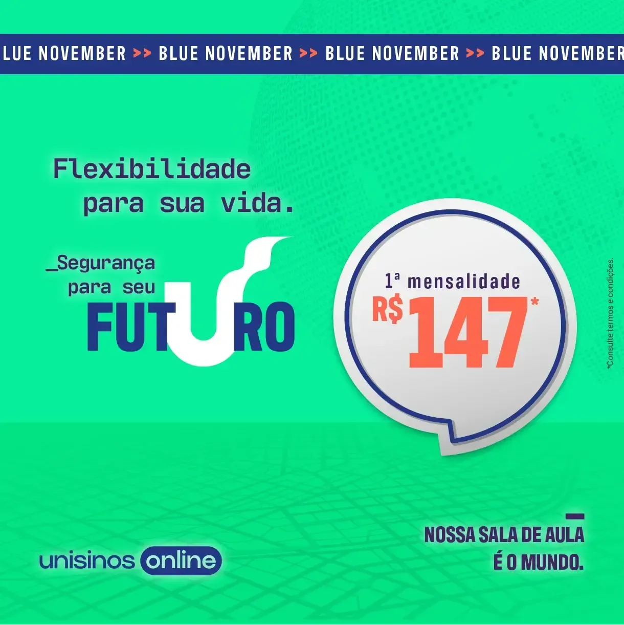 Homem segurando o celular, sorrindo. Anúncio da Unisinos Online: 