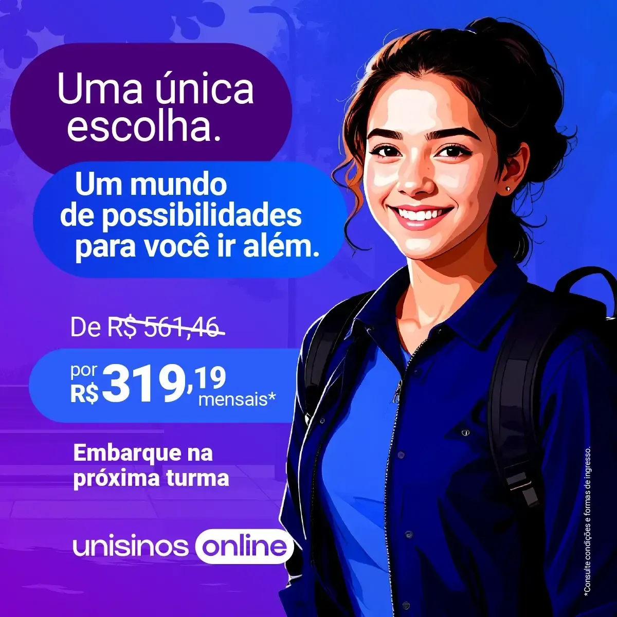 Uma mulher usando fones de ouvido está sorrindo em um fundo azul.