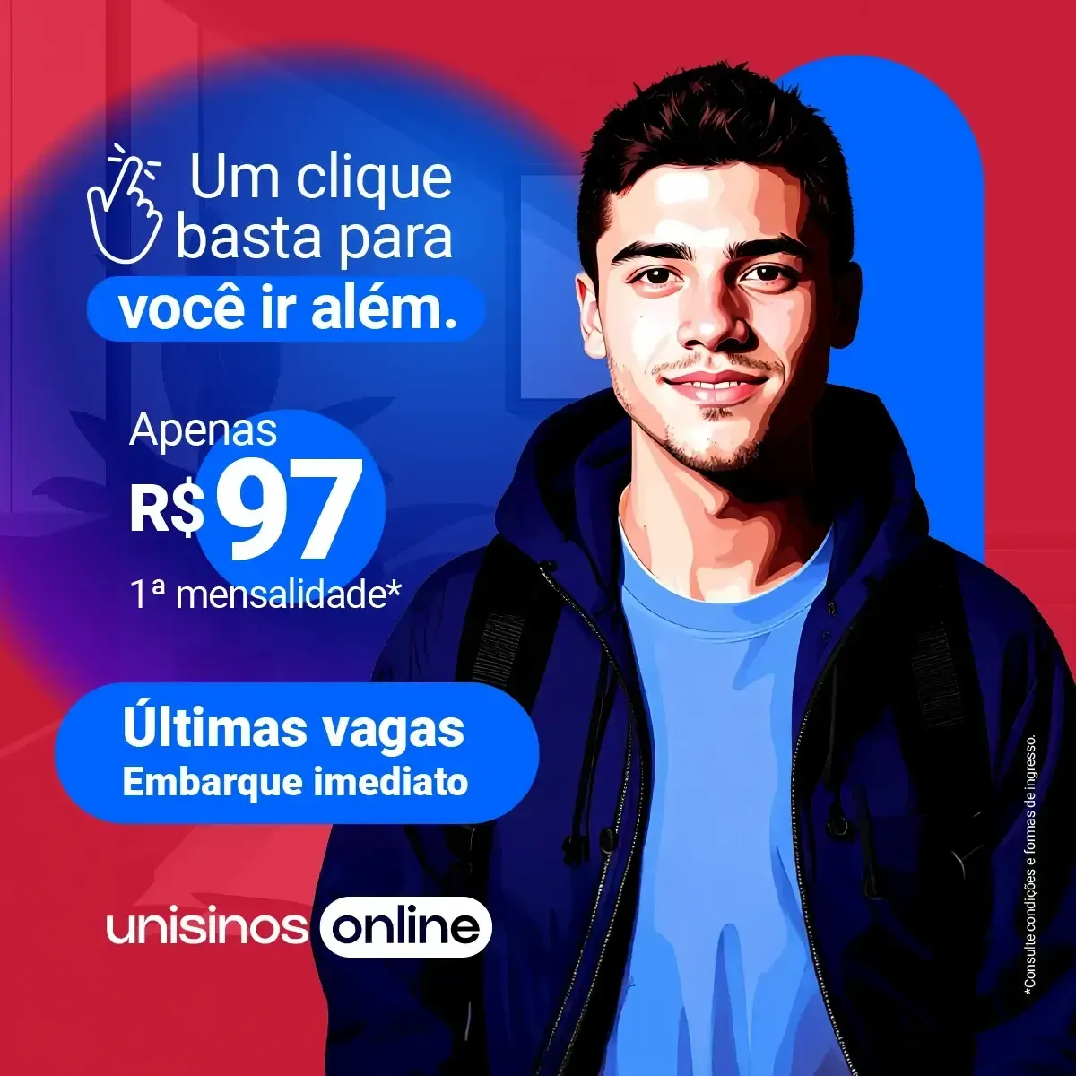 Uma mulher usando fones de ouvido está sorrindo em um fundo azul.