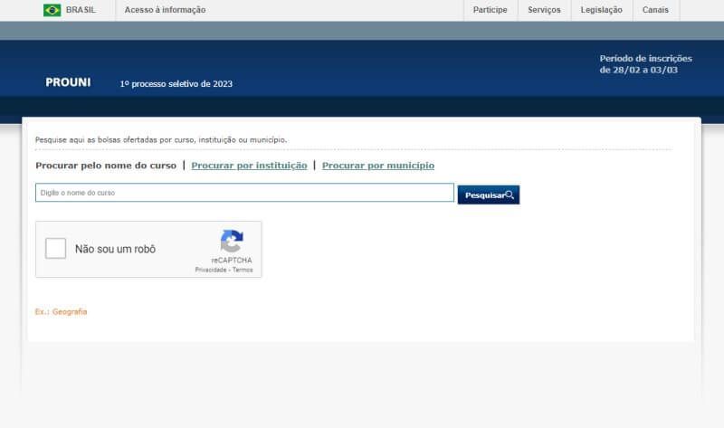 Tela inicial da busca por vagas do Prouni 2023. Reprodução.