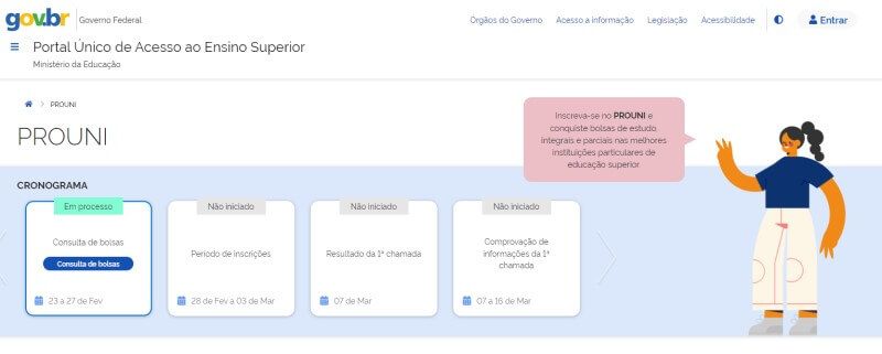 Tela inicial do site oficial do Prouni 2023. Reprodução.