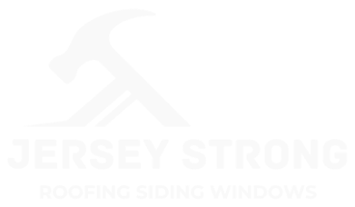 A white logo for jersey strong roofing siding windows with a hammer on a white background.