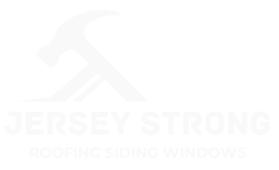 A white logo for jersey strong roofing siding windows with a hammer on a white background.