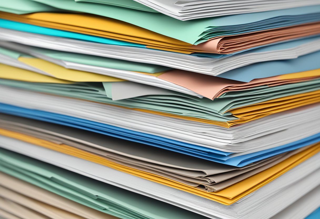 A close up of a stack of colorful papers