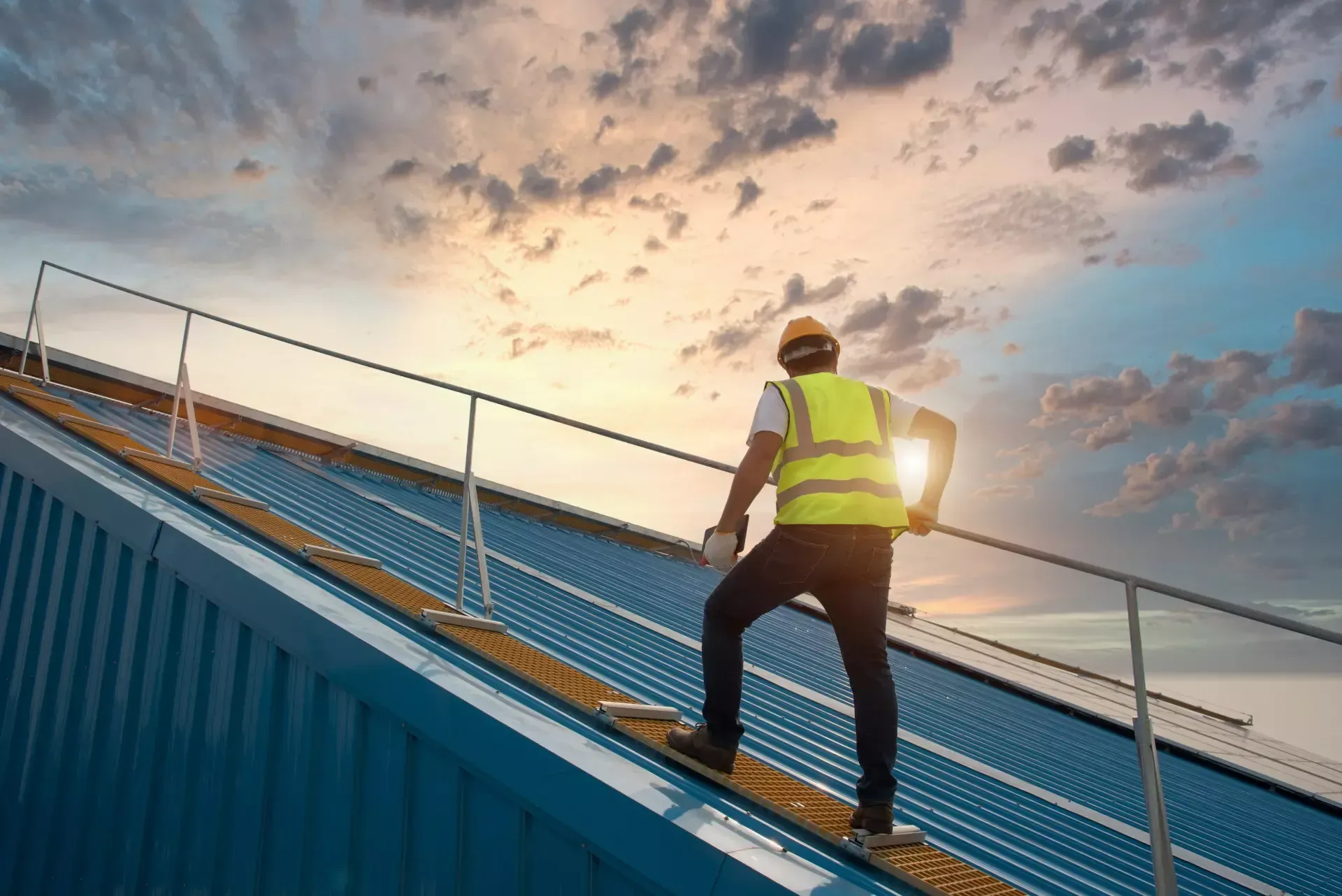 A construction worker is standing on the roof of a building.