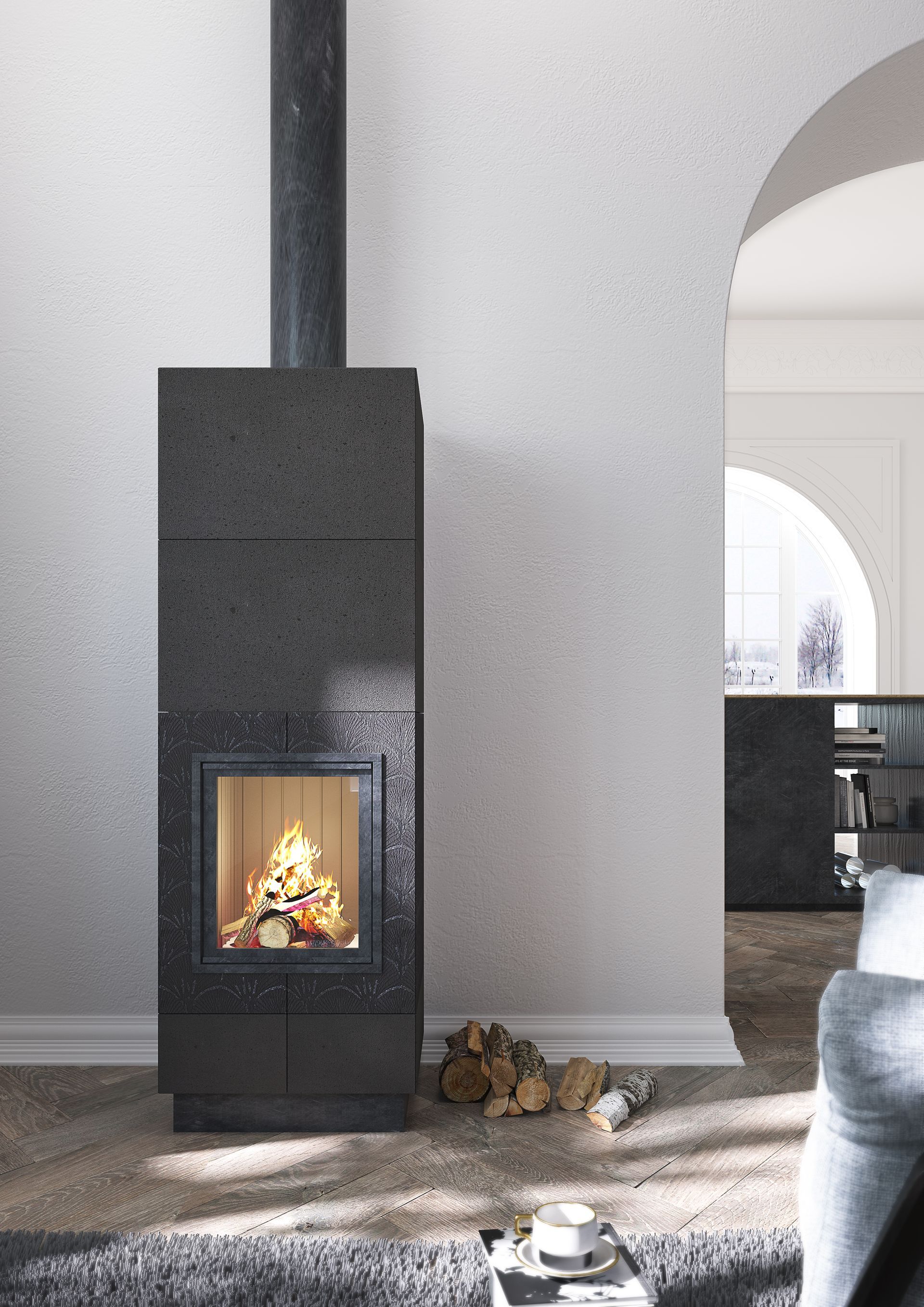 stufa con camino acceso