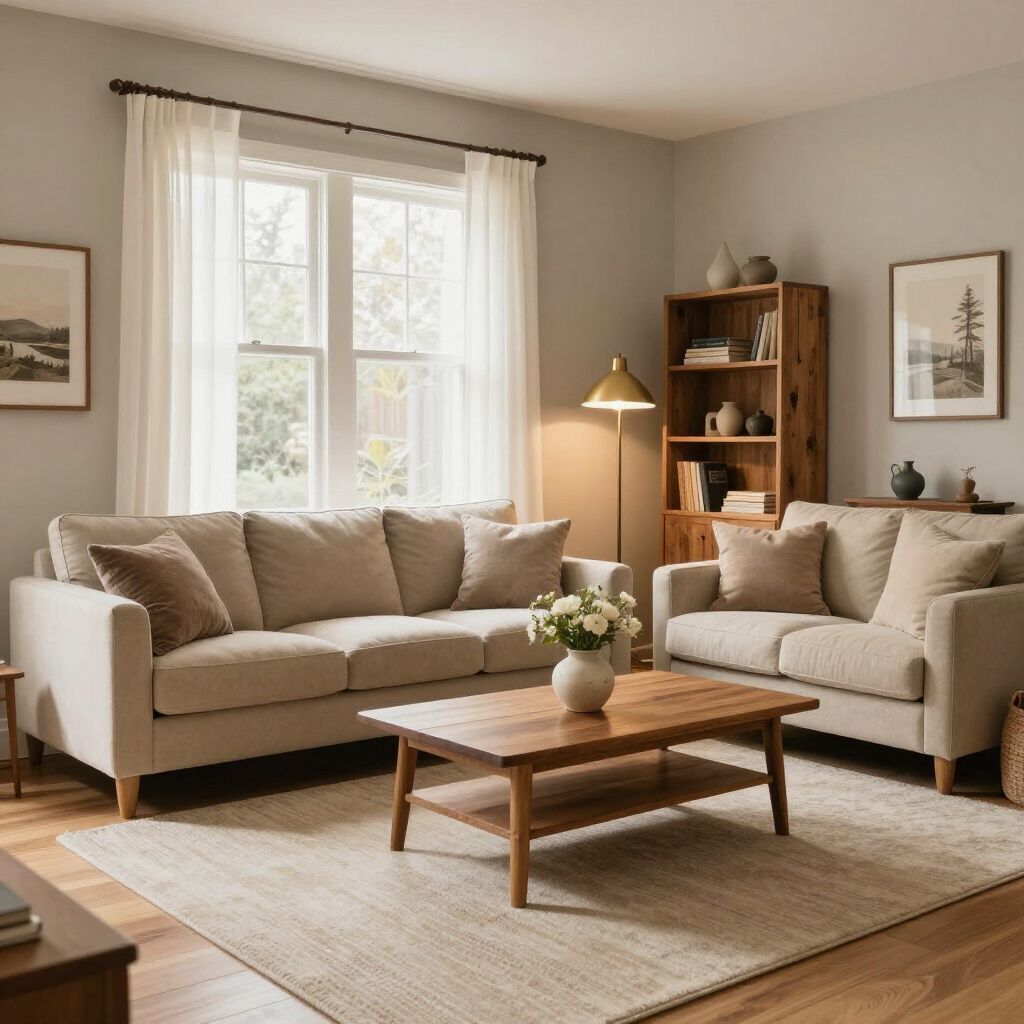 Living room with a beige sofa, loveseat, wooden coffee table, bookcase, and a window with white curtains.