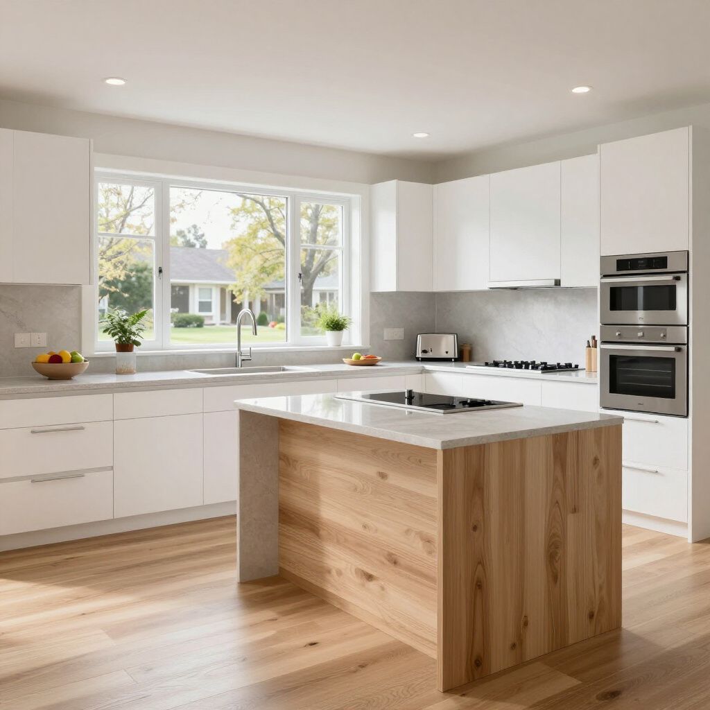 Modern kitchen with white cabinets, wood island, and stainless steel appliances. Sunlight streams in from the window.