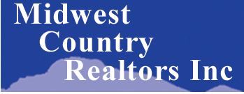 Midwest Country Realtors Inc logo on a blue gradient background with a light blue cloud-like shape.