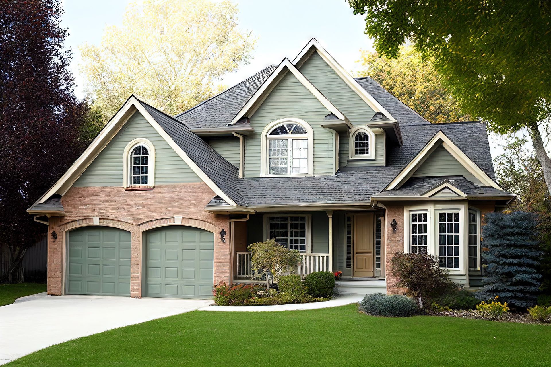 Two-story house with green siding, brick accents, and a gray roof, in a green yard.