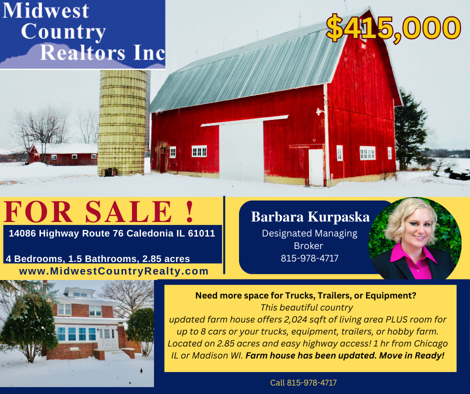 Real estate advertisement with a red barn, farmhouse, and listing details for a Caledonia, IL property.