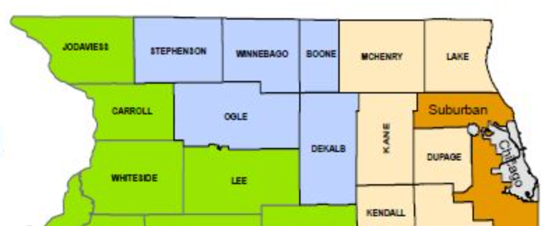 Map of Illinois counties, color-coded and labeled, with Chicago highlighted as