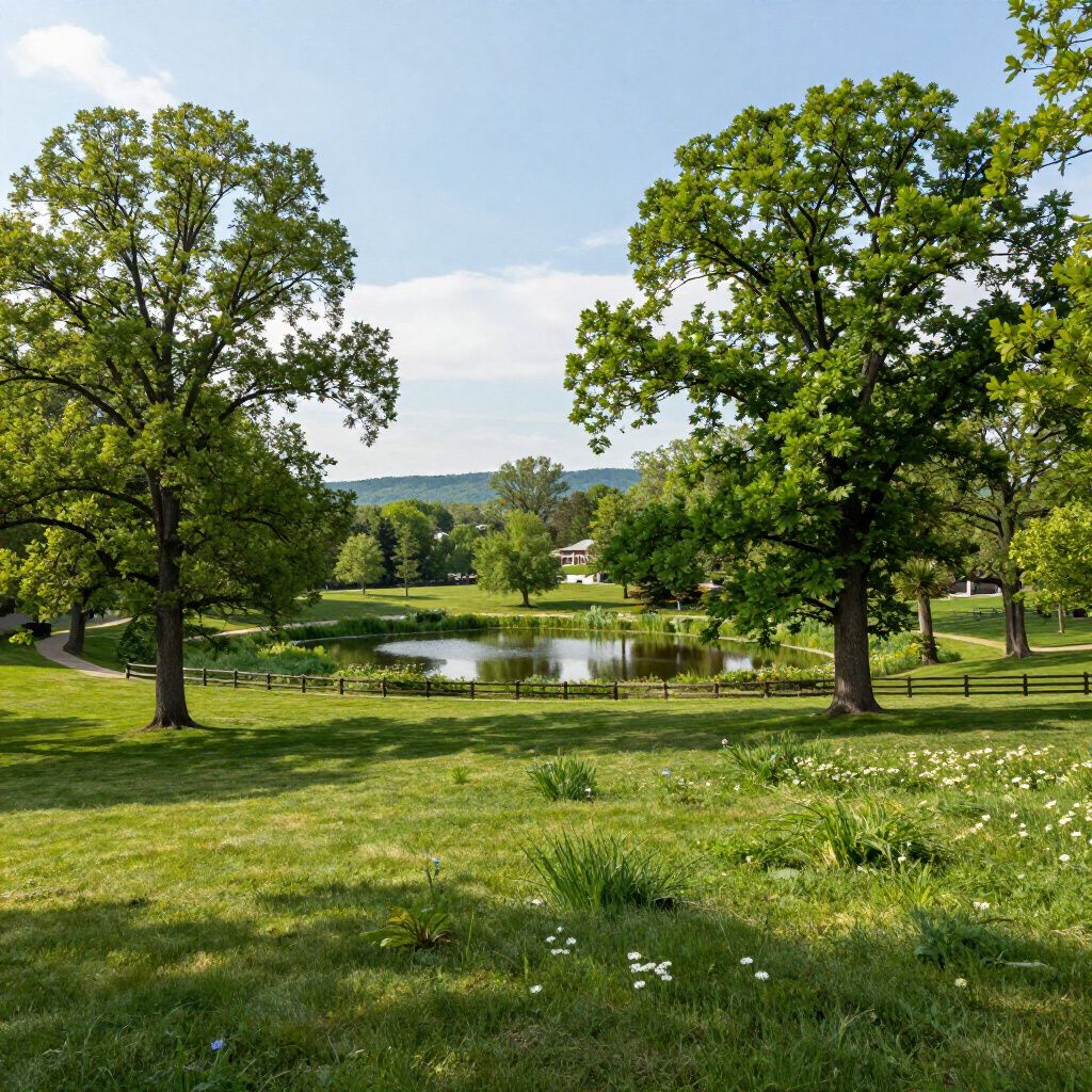Lush green park with trees, pond, and blue sky.