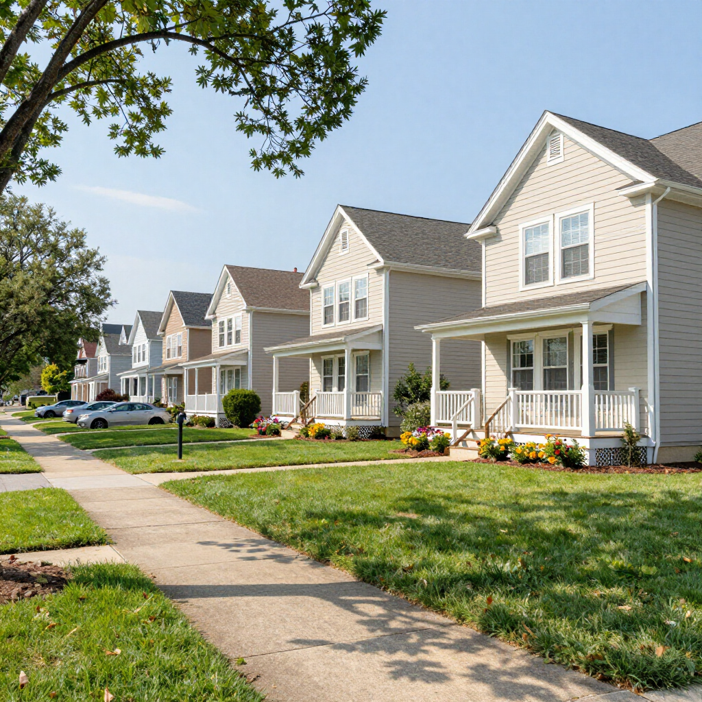 A row of light-colored suburban houses with front porches lines a sidewalk on a sunny day.