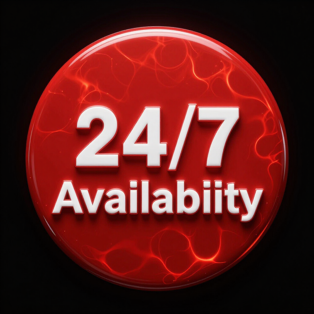 A red circular button with a textured surface displaying the white text 