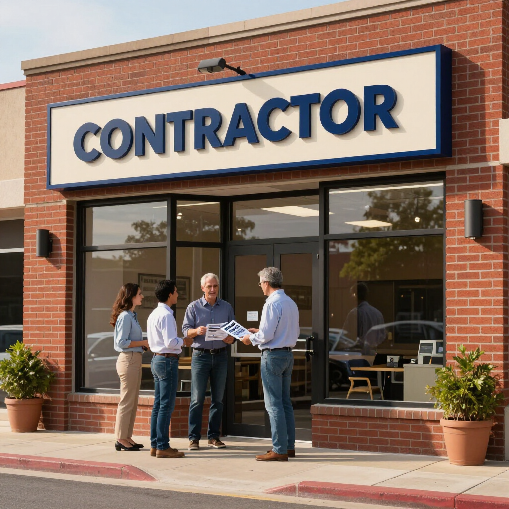 A group of four people stands outside a brick-facade building with a 