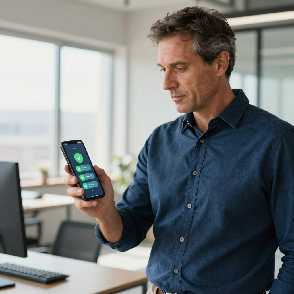 A person in a blue button-down shirt stands in an office, holding a smartphone displaying a green security checkmark.