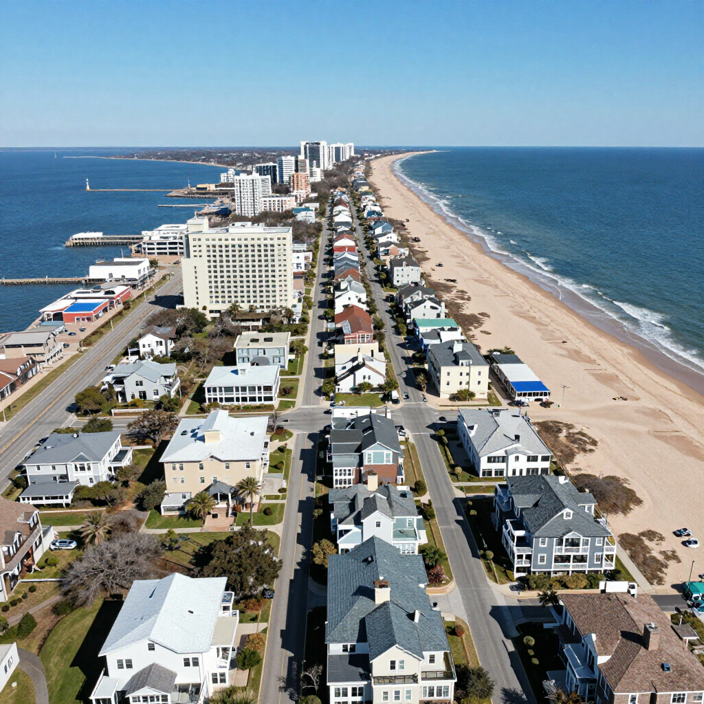 An aerial view of a coastal town with houses lining a beach along the ocean under a clear blue sky.