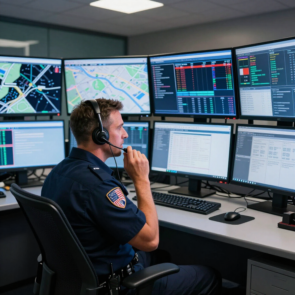 A security dispatcher sits at a desk surrounded by multiple computer monitors displaying maps and data.