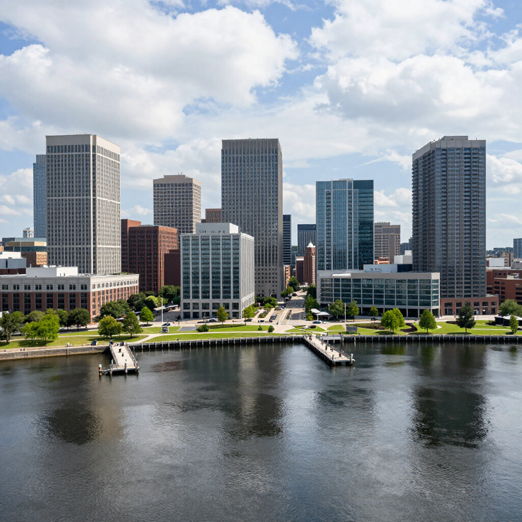 A skyline view of Norfolk, Virginia, featuring tall office buildings along the waterfront under a blue, cloudy sky.