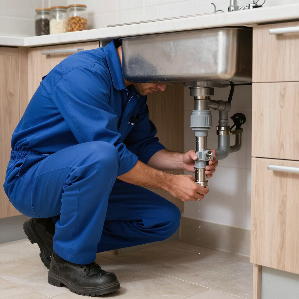 A person in blue coveralls kneeling under a kitchen sink to repair the plumbing pipes.