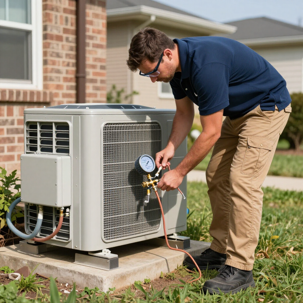 A technician in a blue polo and khakis inspects an outdoor residential AC unit using a manifold gauge set.