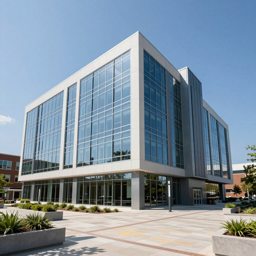 A modern four-story building with a glass facade, white framing, and a paved entrance area with planters under a blue sky.