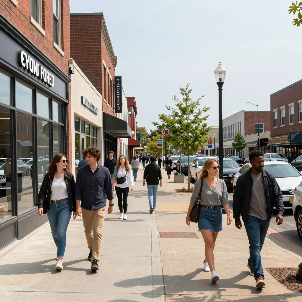People walk along a sunny sidewalk lined with brick buildings, stores, and parked cars on a city street.