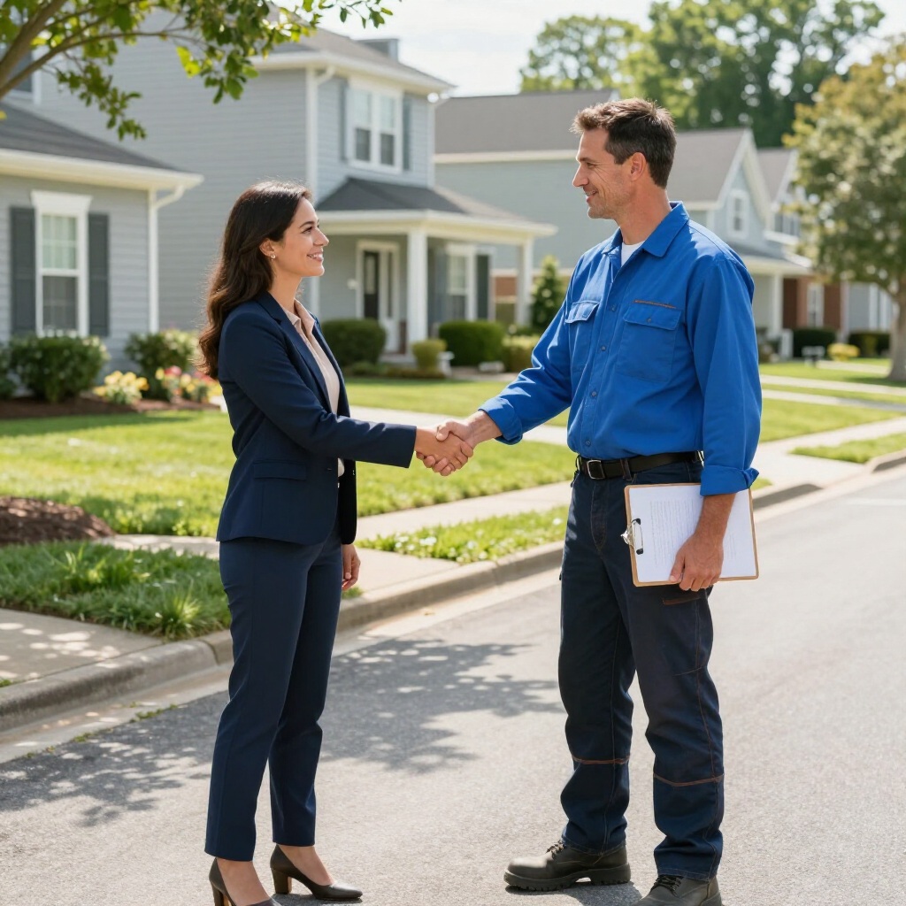 A person in a business suit and a person in a blue uniform shaking hands in a residential neighborhood.